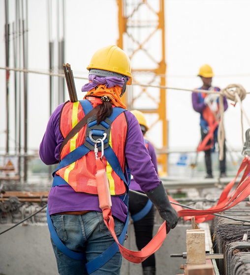 Group of workers wearing yellow hard hats seen from behind