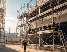 Workers assembling scaffolding