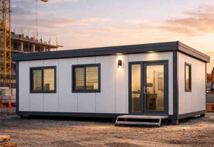 Grey insulated portable cabin office with white door and windows
